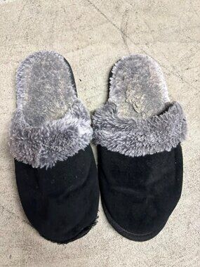 Women's Black Suede Faux Fur Trim Mule Slippers Clog Style Size 10